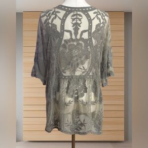 Boho Green Lace Embroidered Kimono Cardigan Cottagecore Fairycore Layering